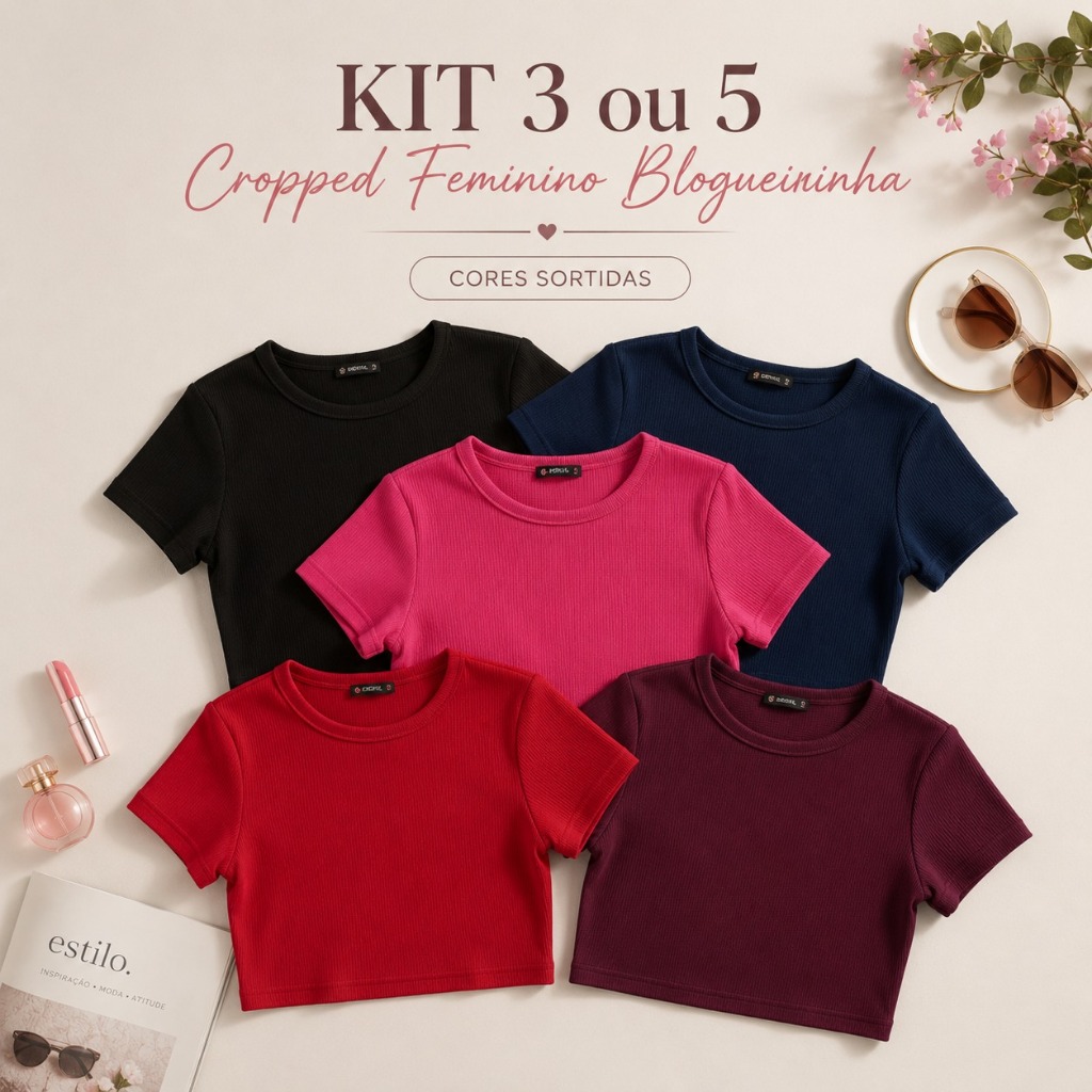 Kit 5 ou 3 Cropped Feminino Lisa Manga Curta Ribana Canelada Blusinha Curta Básica Com Elastano