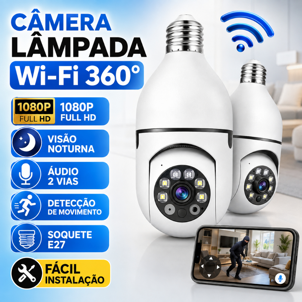 Câmera segurança wi-fi ip sem fio V360 encaixe lampada aplicativo ptz full HD vi