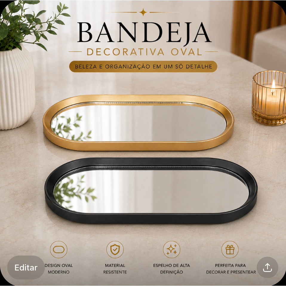 BANDEJA ORGÂNICA ESPELHADA DECORATIVA MULTIUSO BANHEIRO LAVABO PRETO DOURADO LUXO ORGANIZADORA SALA PRESENTE