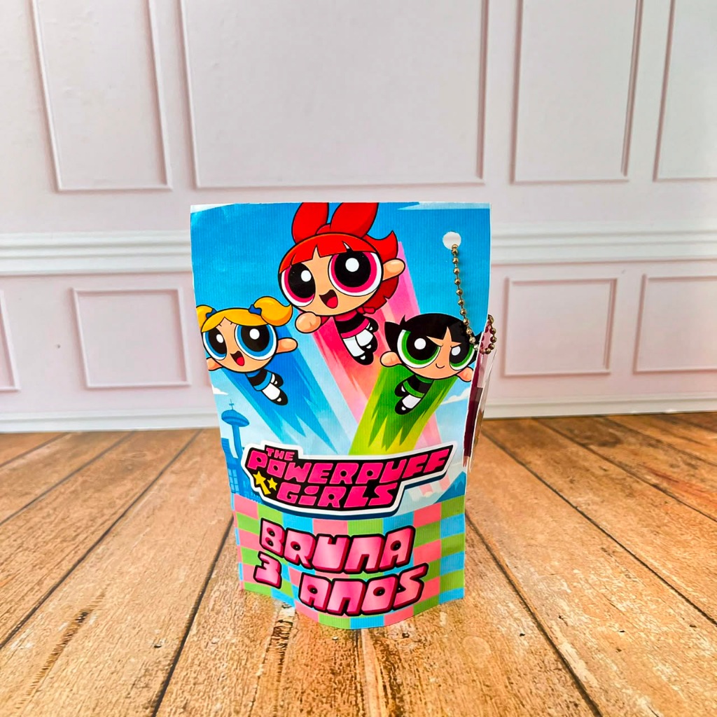 Saquinho Metalizado Zip Lock Personalizado com Tag - Tema Meninas Super Poderosas| Lembrancinha para Festa e Aniversário