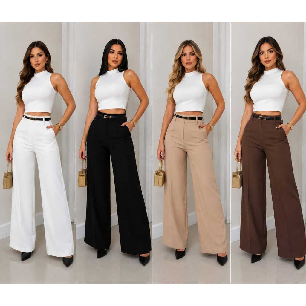 Calça Pantalona Alfaiataria Feminina Premuim Cintura Alta Com Cinto Bolso e Ziper Lateral Elegante