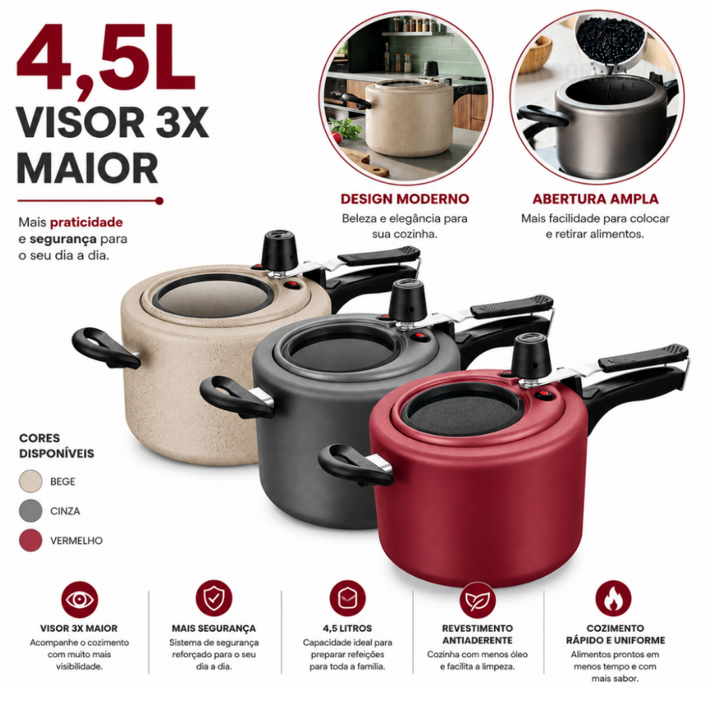 Imagem Panela de Pressão 4,5L Antiaderente com Visor de Vidro na Tampa Superior Grande Grafite / Cereja MTA