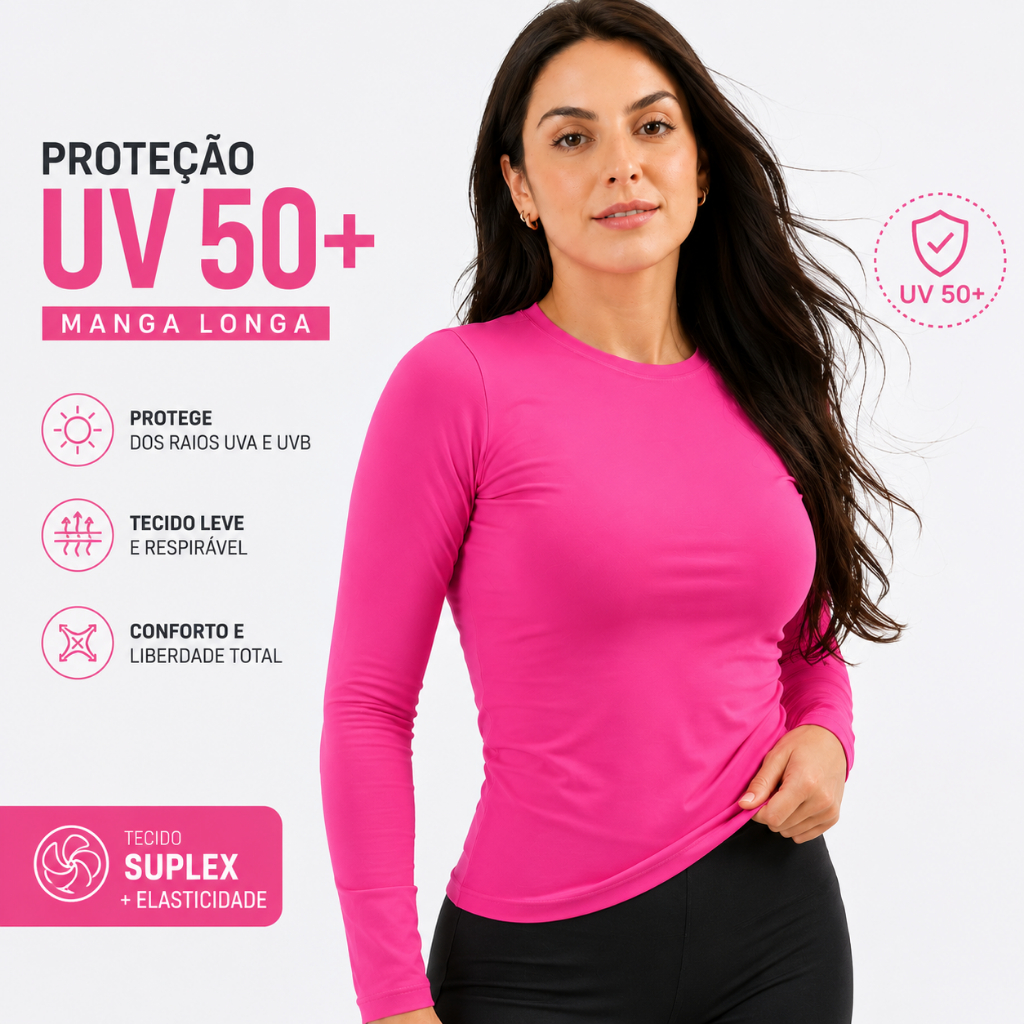 Blusa Segunda Pele UV 50+ Proteção Solar Camiseta Lisa Feminina Manga Longa Colada Inverno Academia