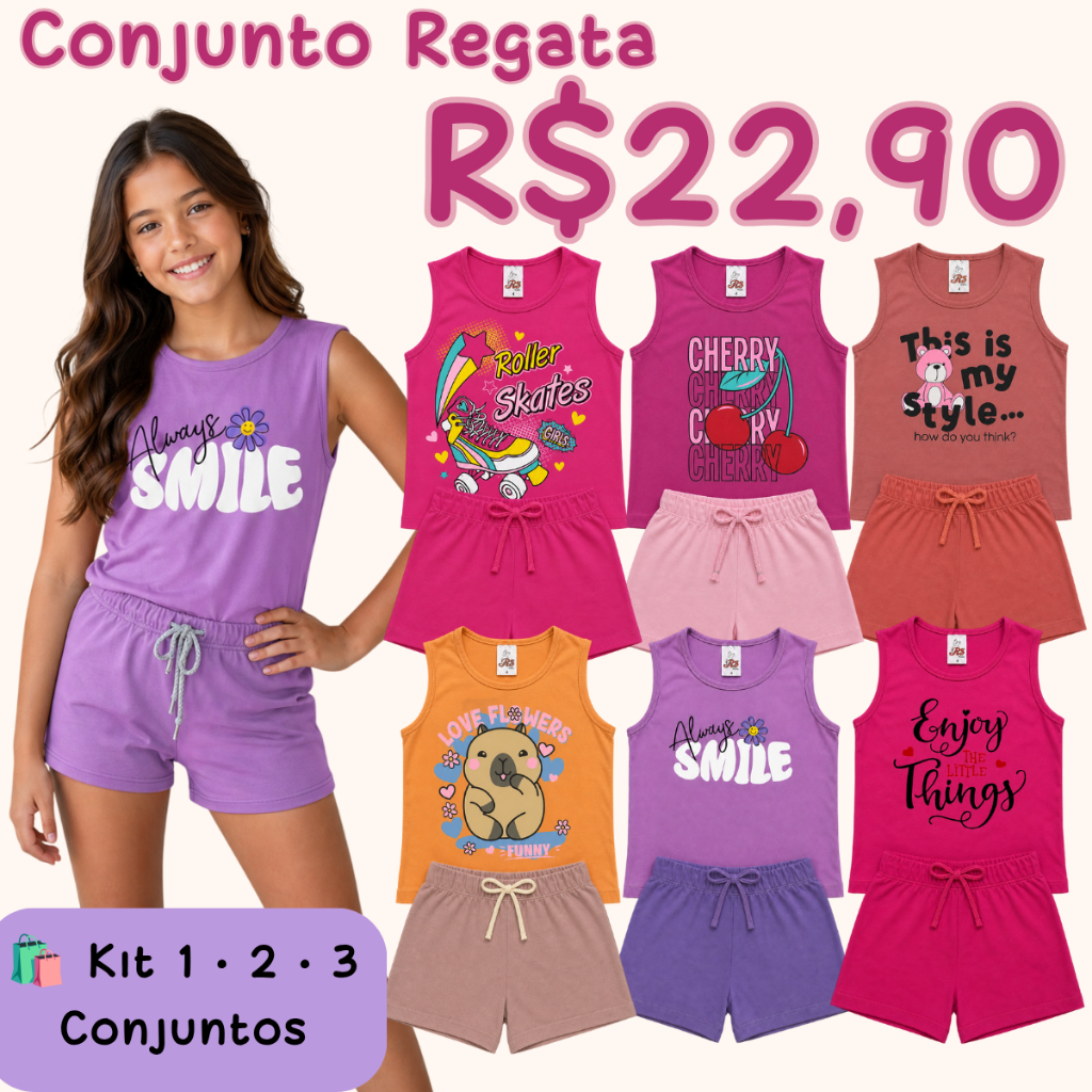Conjunto Infantil Menina Verão Regata com Shorts 100% Algodão 4 ao 12 Anos | Estampa Sortida