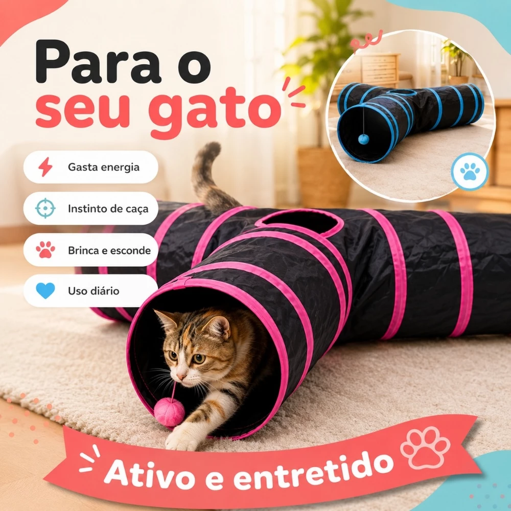 Túnel Interativo para Gatos 3 Saídas Dobrável com Bolinha Papel Sonoro