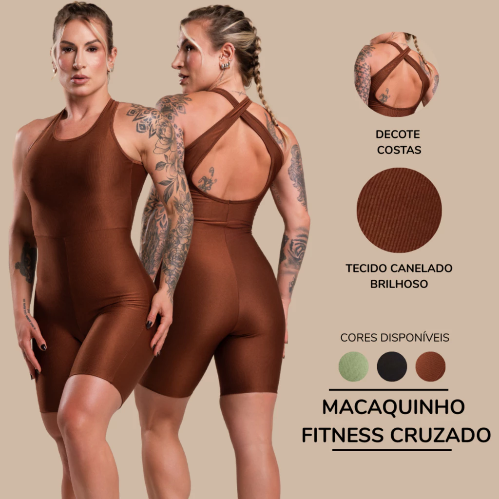 Macaquinho Macacão Canelado Brilhoso Academia Fitness Cruzado Costas Feminino Com Brilho