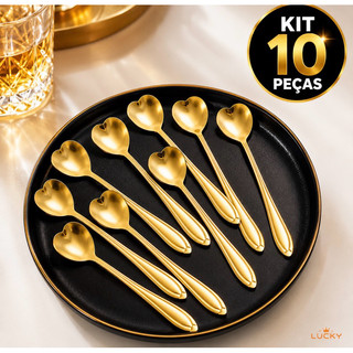 Kit 10 Colheres Coração Dourada luxo inox Café Sobremesa