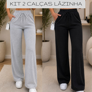 Kit 2 Calças Pantalona Lanzinha Cintura Alta Com Elastico Bolso Outono Inverno Promoção