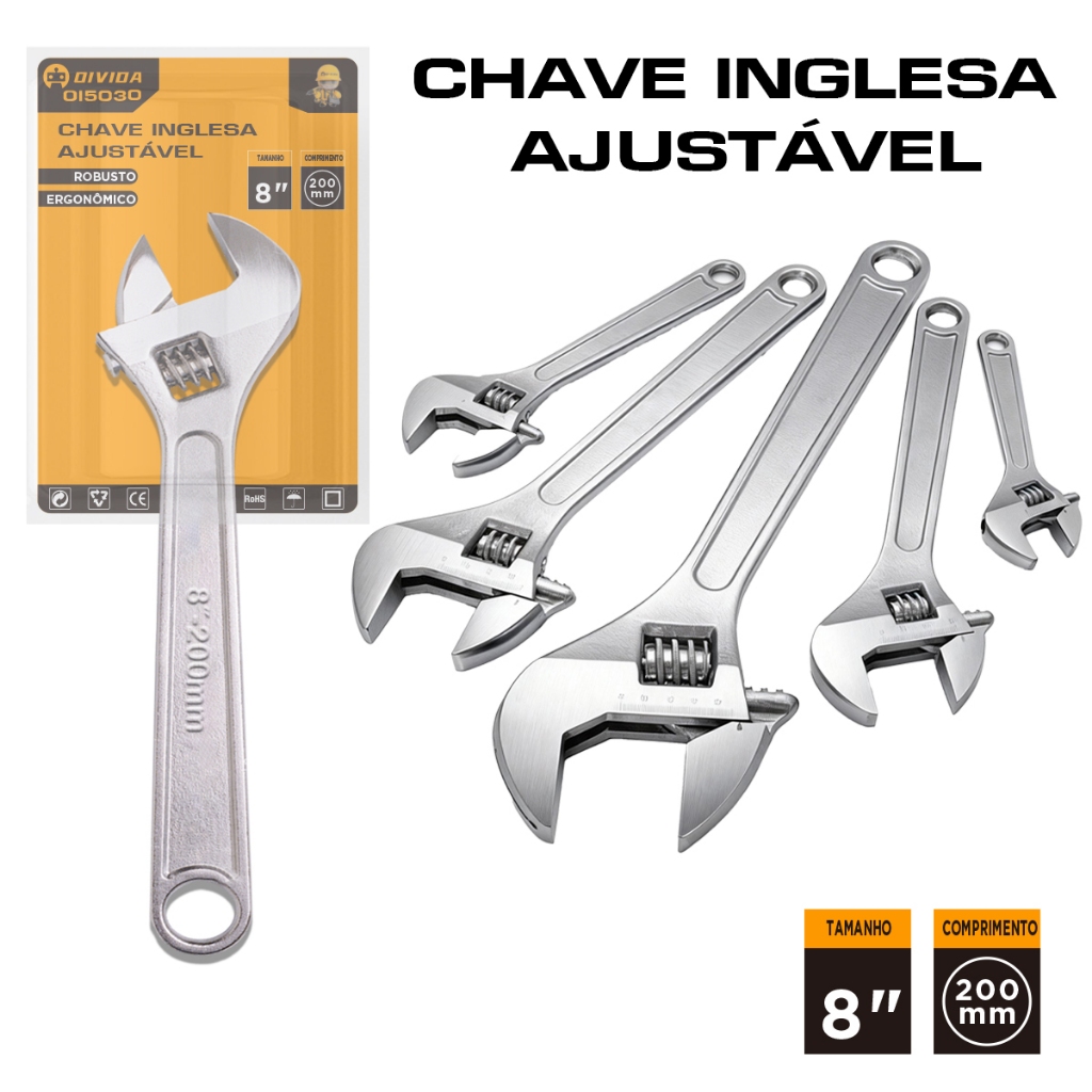 Chave Inglesa Ajustavel de Aço Profissional Aço Carbono Cromado Resistente a Aruela e Fricção