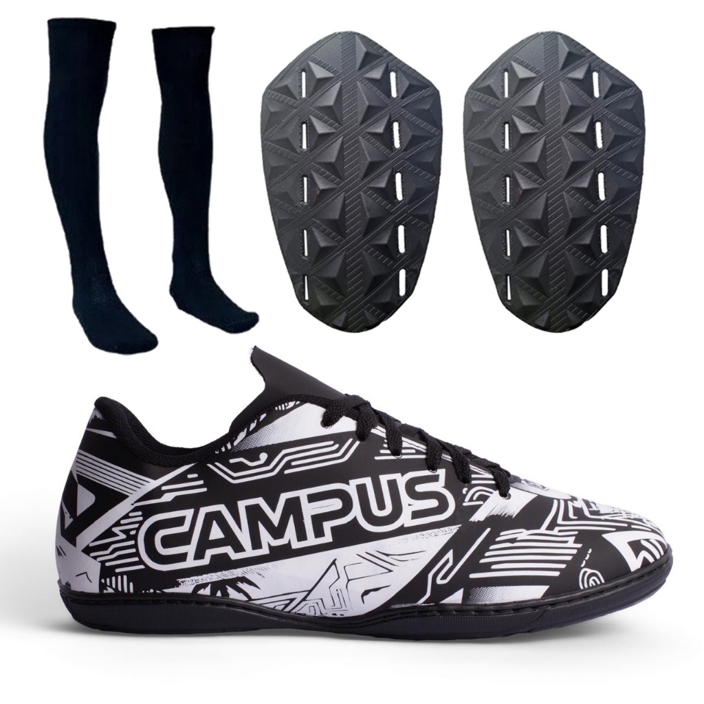Kit Chuteira Futsal Profissional Campu´s Quadra com Meião e Caneleira sola costurada borracha