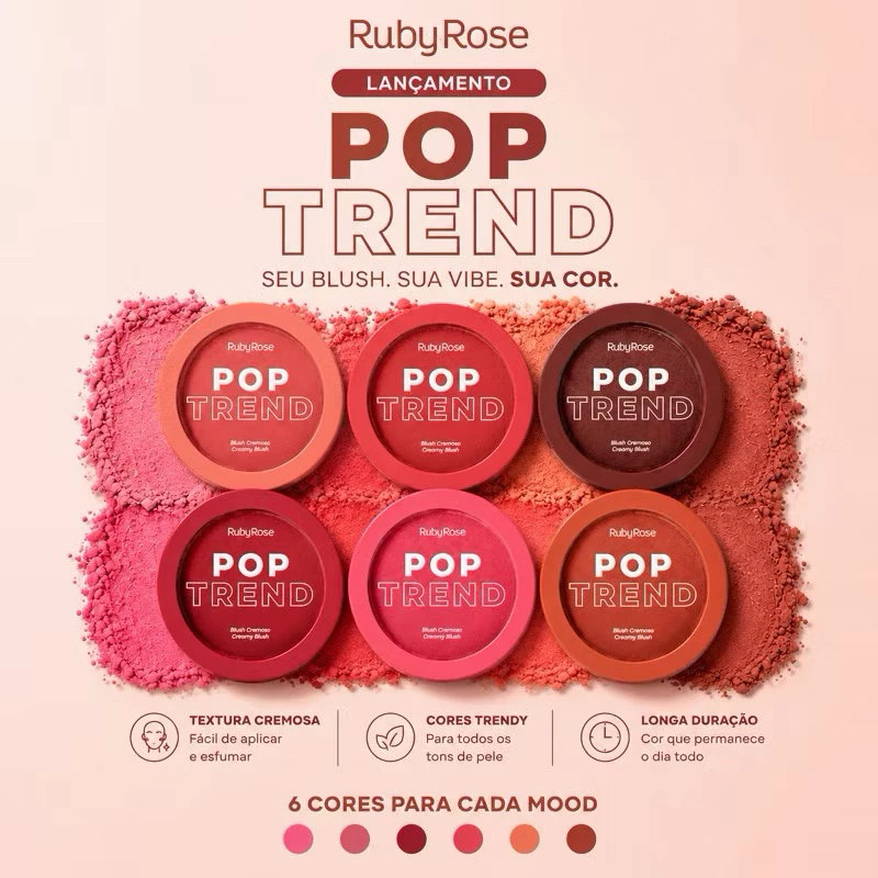 Blush Cremoso Pop Trend Ruby Rose Efeito Blur Acabamento Aveludado e Natural Lançamento