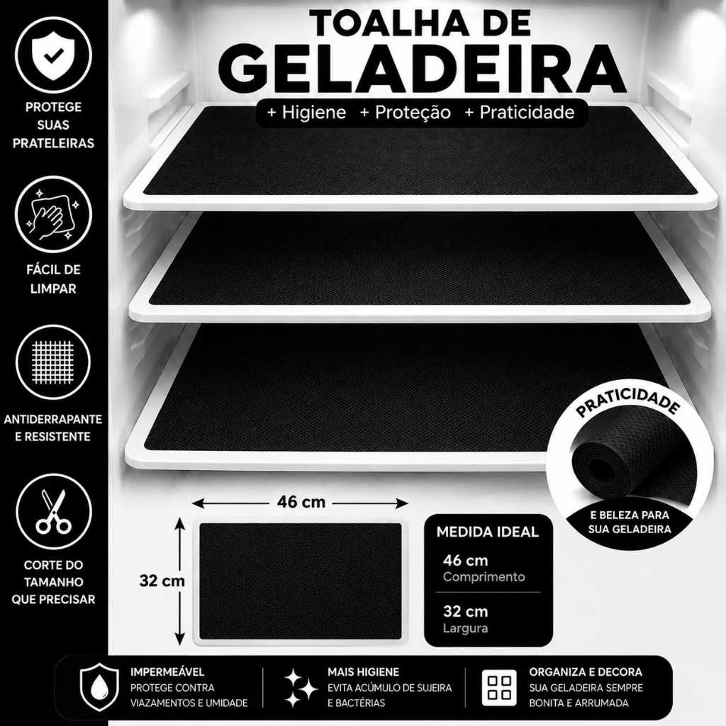 kit com 3 Toalhas de Geladeira PVC 46x32cm Protetor de Prateleira Impermeável Antiderrapante Higiênico Fácil de Limpar