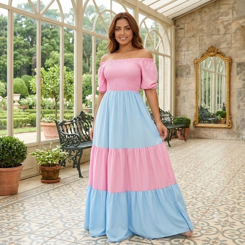 Vestido Longo Chá Revelação Lastex Chá de Bebê  Pré Wing