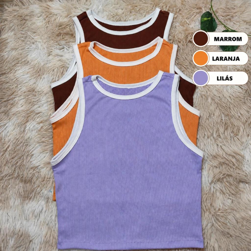 Kit 3 Blusas Cropped Feminina Regata Bicolor Malha Canelada