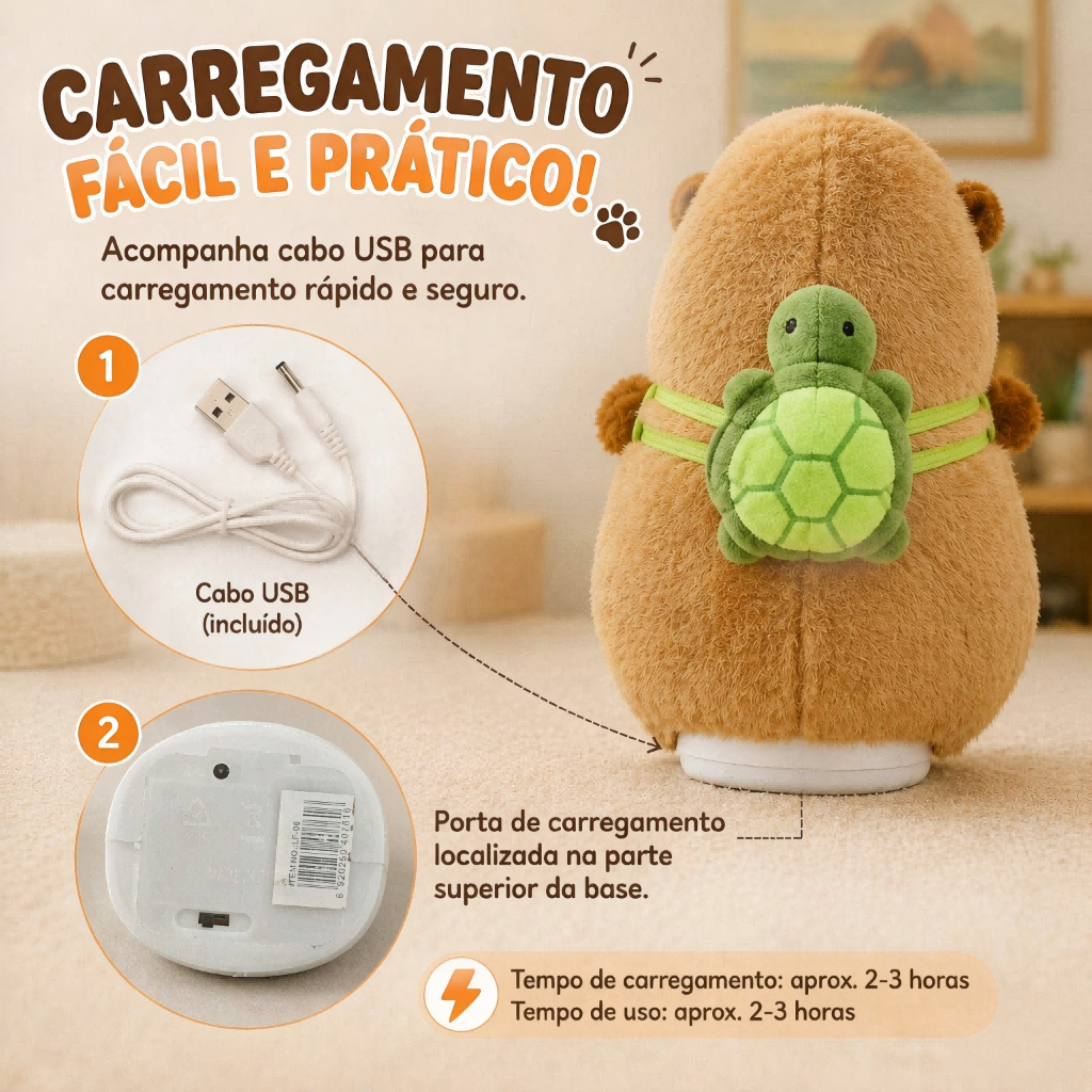 Capivara de Pelúcia Elétrica com Mochila de Tartaruga - 18cm - Canta, Fala e Repete o que você diz — imagem 2 de 2
