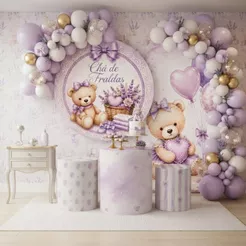 Capa Painel Chá de Fraldas Ursinha Lavanda Lilas Painel Redondo Trio Cilindros Veste Fácil Bibi Peineis