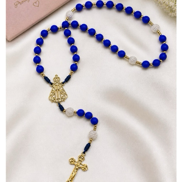 Terço Artesanal Azul Nossa Senhora Aparecida | Terço Católico com Pérolas e Cruz Dourada