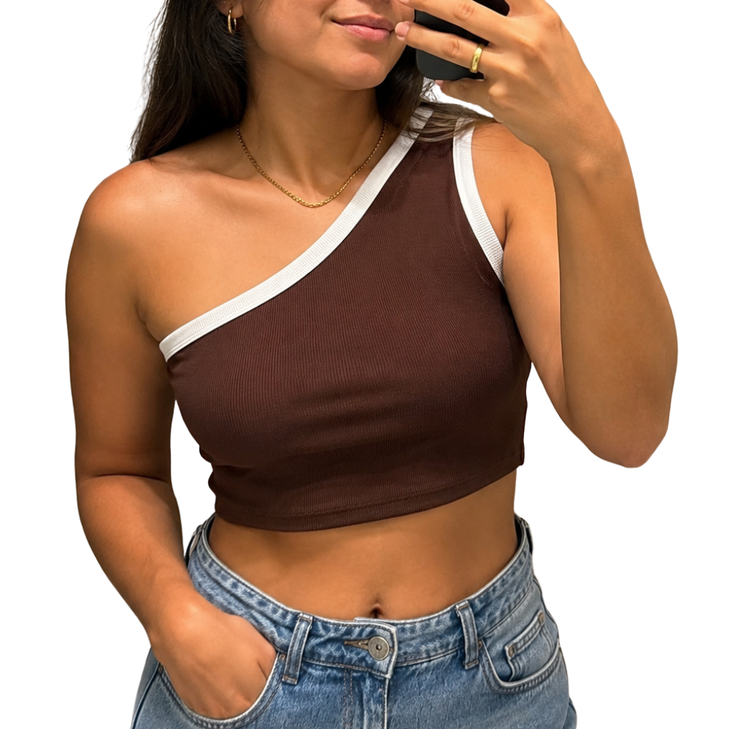 Cropped Ombro Só Top Essencial Versátil para o Dia a Dia Look Casual Tendência Ribana Canelada Confortável Estiloso
