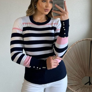 Blusa Tricô Listrada Feminina com Pérolas na Manga