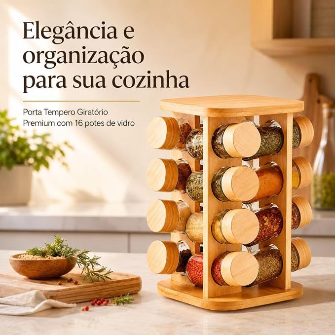 Porta Temperos Giratório 16 Potes de Vidro Organizador de Condimentos para Cozinha