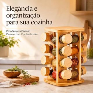 Porta Temperos Giratório 16 Potes de Vidro Organizador de Condimentos para Cozinha