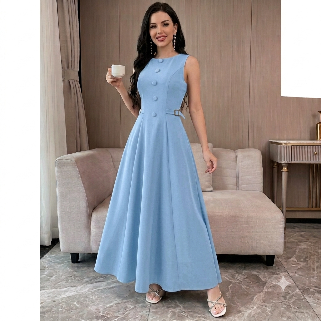 vestido feminino elegante sen manga con botoes frontais e fivela na cintura regulavel