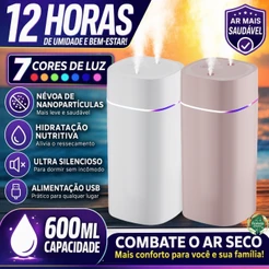 Umidificador De Ar Ultrassônico Bico Duplo Aromatizador De Ambiente 600ml Portátil Led Usb