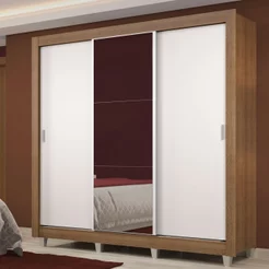 Guarda Roupa Casal Madesa Lyon Plus 3 Portas de Correr com Espelho 4 Gavetas com Pés - Rustic/Branco