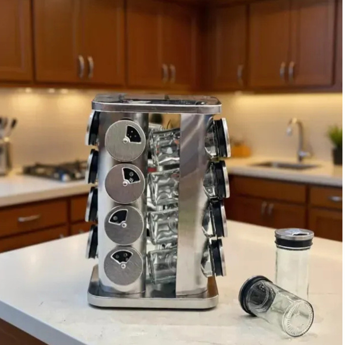 Porta Temperos Giratório Inox 16 Potes de Vidro Organizador Condimentos Cozinha