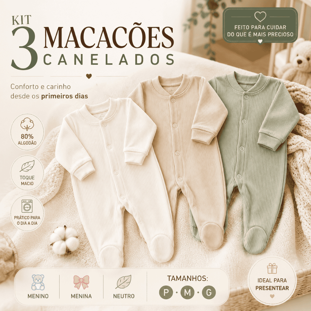 Kit 3 Macacões Bebê Suedine Canelado Manga Longa Com Pé 80% Algodão P M G