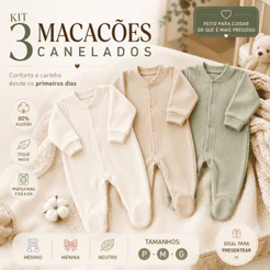 Kit 3 Macacões Bebê Suedine Canelado Manga Longa Com Pé 80% Algodão P M G