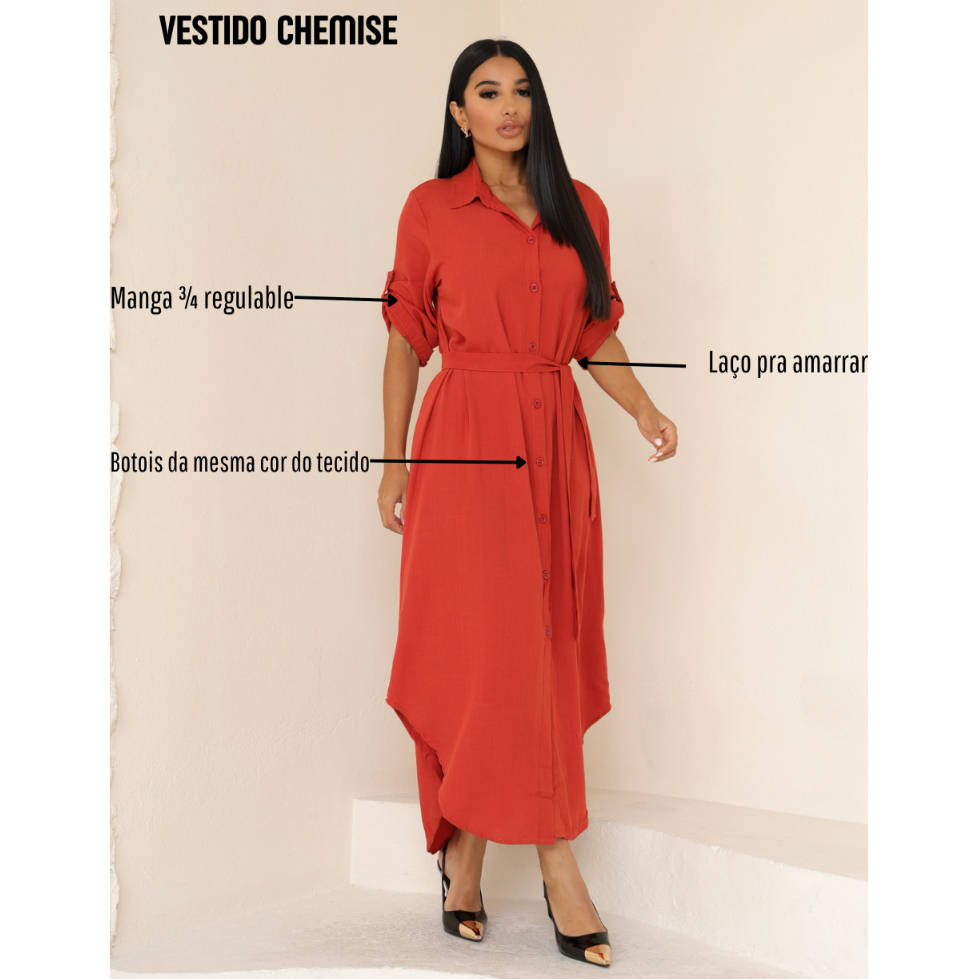VESTIDO CHEMISE MANGA 3/4 COM LAÇO PRA AMARRA E BOTOIS DA MESMA COR DO TECIDO COSTURA FINA