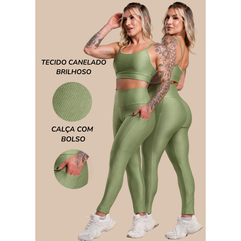 Conjunto Fitness Feminino Canelado Brilhoso Academia Top Alça e Calça Com Bolso Cintura Alta Brilho — imagem 1