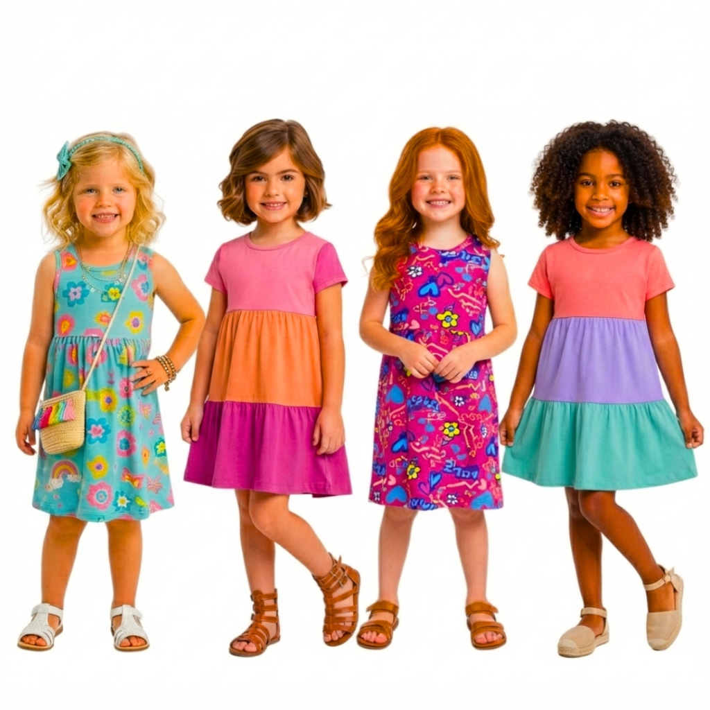 Kit 4 Vestido Verão Menina Roupa Infantil em Algodão Liso e Estampado Manguinha Regata e Alça do 1 ao 16 anos