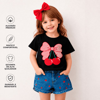 Camiseta Infantil Menina Blusinha Estampada Cereja Laço Modinha Blusa Luxo 100% Algodão Manga Curta Crianças