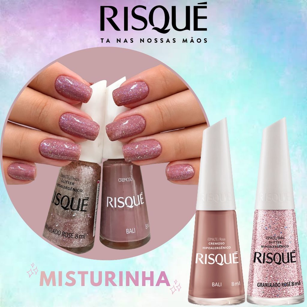 Kit Misturinha Esmaltes Bali + Granulado Rosé Brilho Efeito Glitter Unhas Delicadas