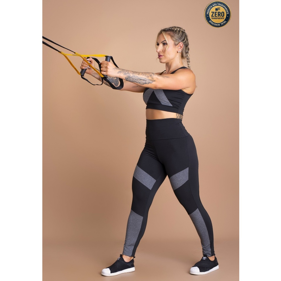 Conjunto Fitness Feminino Calça Legging Cintura Alta E Top Cropped Faixa Ombro Treino Academia ZERO TRANSPARÊNCIA