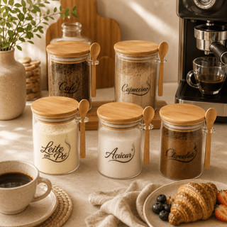 KITS POTES HERMETICOS VIDRO 450ML COLHER BAMBU | LEITE EM PÓ, AÇUCAR, CHOCOLATE, CAPUCCINO, CAFÉ