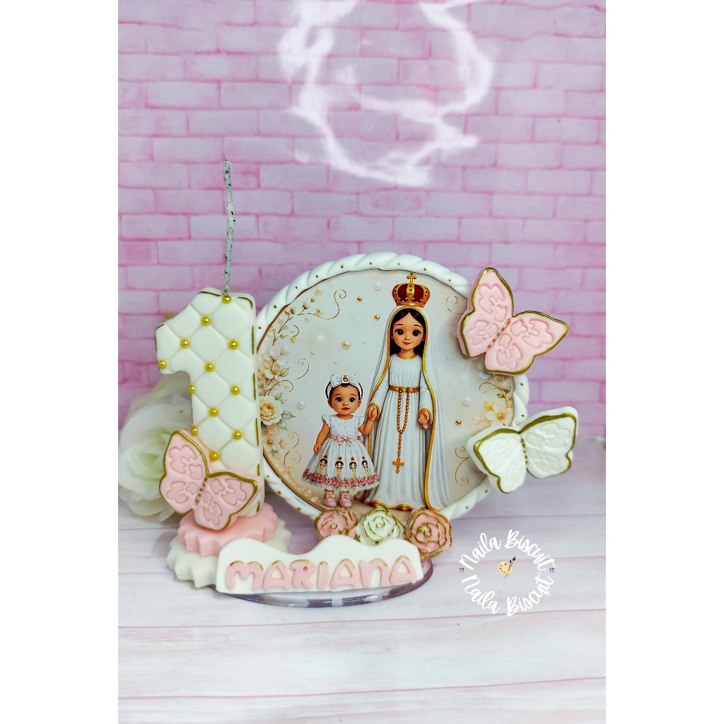 Topo de bolo Tema Nossa senhora em biscuit / Vela Nossa senhora / Festa Nossa senhora