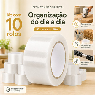 Kit Fita Transparente para Caixa e Embalagem 45mm x 100m 10 ou 12 Unidades