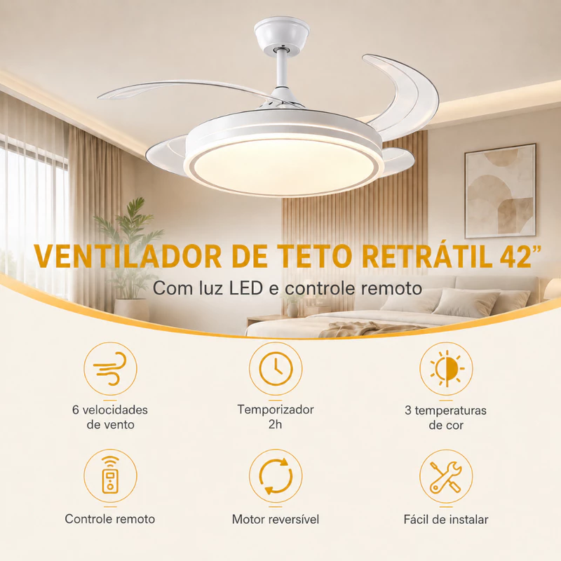 Ventilador de Teto Plafon 6 Pás Retráteis Ultra Silencioso LED — foto 3