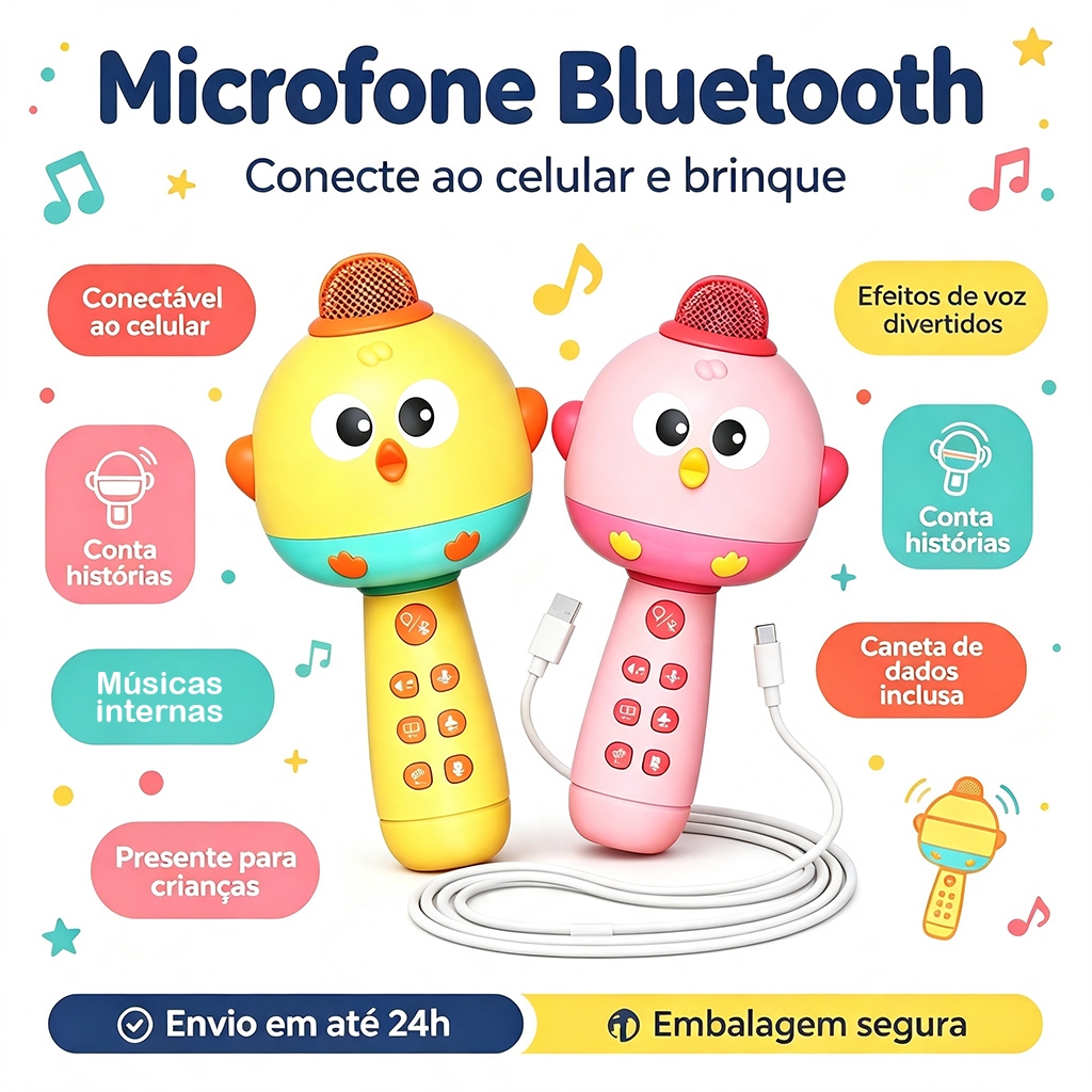 Microfone infantil conectável ao celular, luzes LED e karaokê, para acima de 3 anos