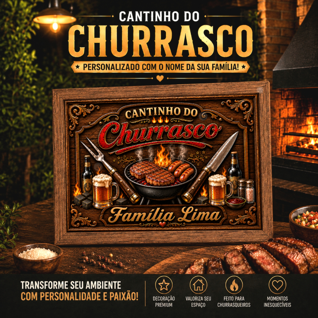 Quadro Cantinho do Churrasco Personalizado com Nome da Família Área Gourmet + Moldura Madeira
