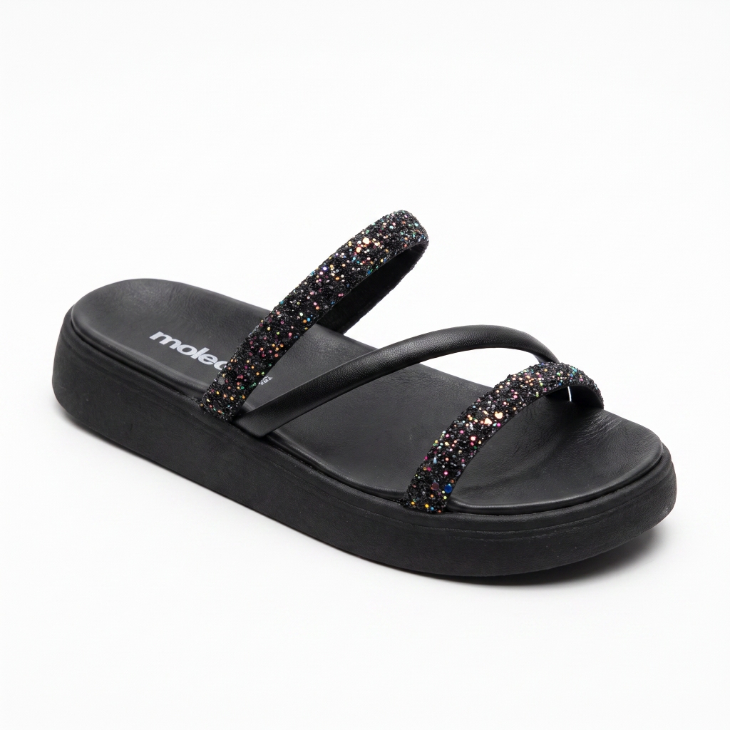 Sandália Papete Feminina Moleca Preta 3 Tiras Glitter Flatform Confortável