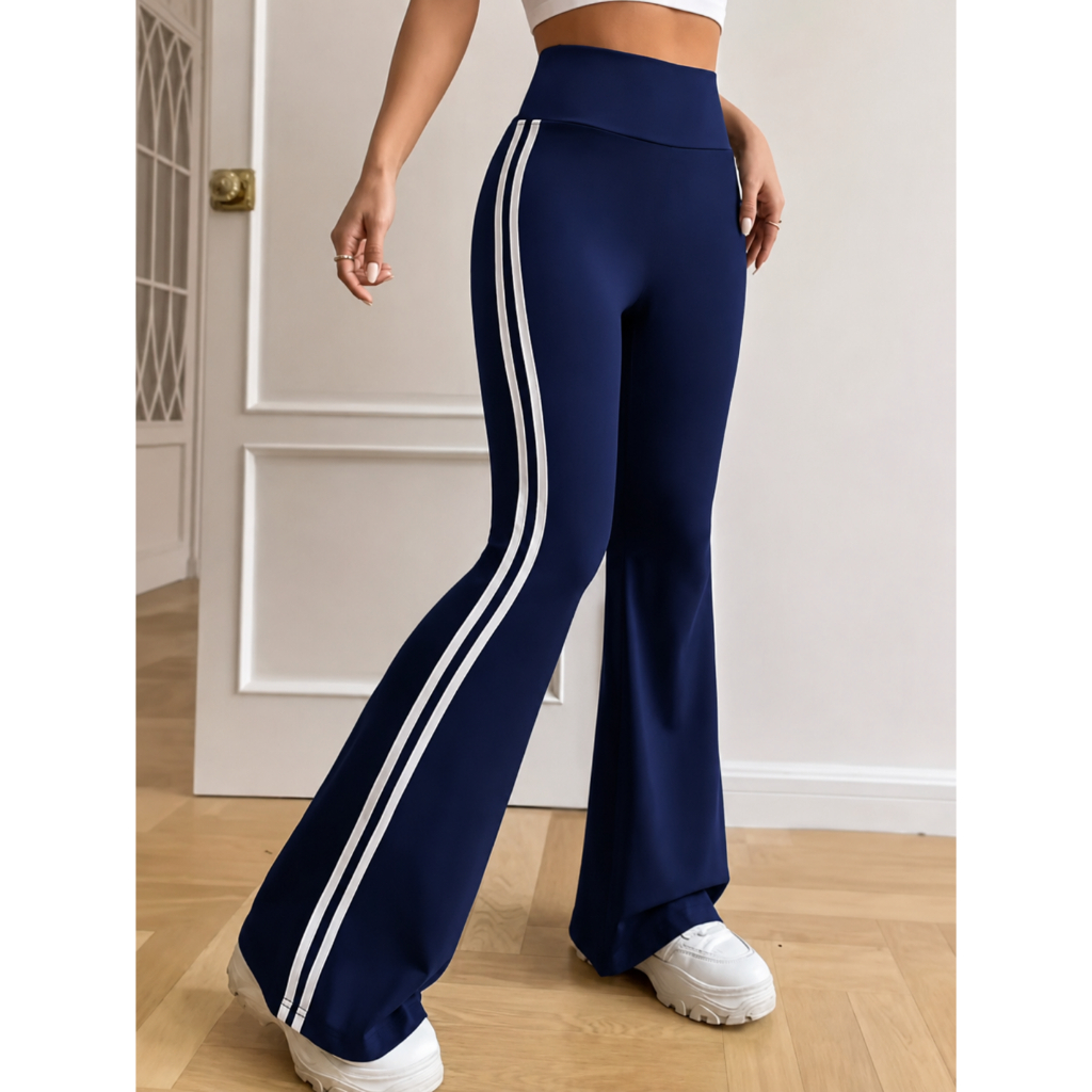 Calça Feminina Bailarina Suplex Academia Fitness Listras Laterais Flare Cós Alto
