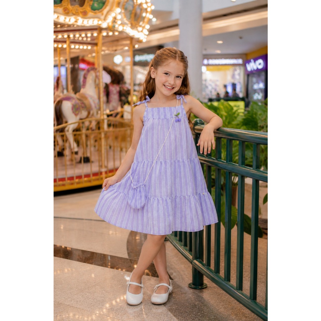 Vestido Infantil Menina em Anarruga Delicado Soltinho para Festa Aniversário e Passeio com bolsa de brinde