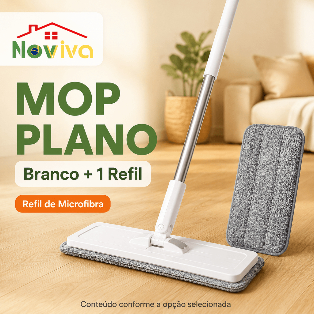 Mop Plano Branco com Refil de Microfibra | Opções com 1 Refil ou Balde Dobrável