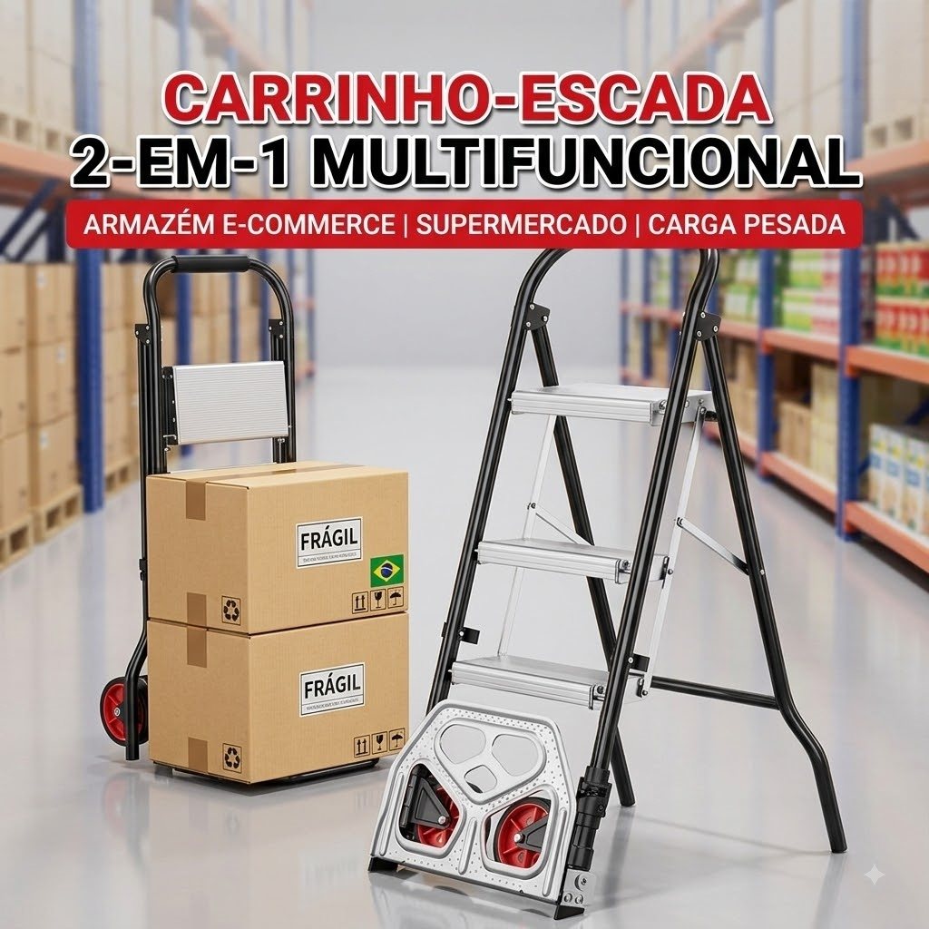 Scada de Alumínio 2 em 1 e Carrinho de Carga Dobrável Multifuncional Suporta até