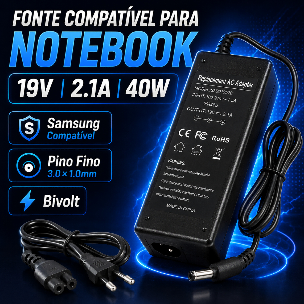 Carregador Fonte Notebook Samsung 40W 19V 2.1A Conector Fino 3.0x1.0mm Bivolt Mo