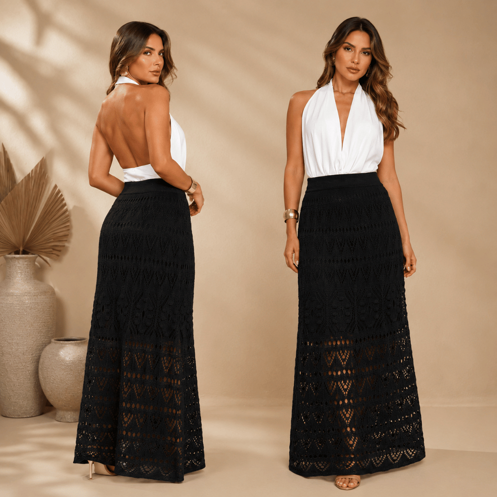 Saia Longa Saída de Praia Feminina Tricot Crochê
